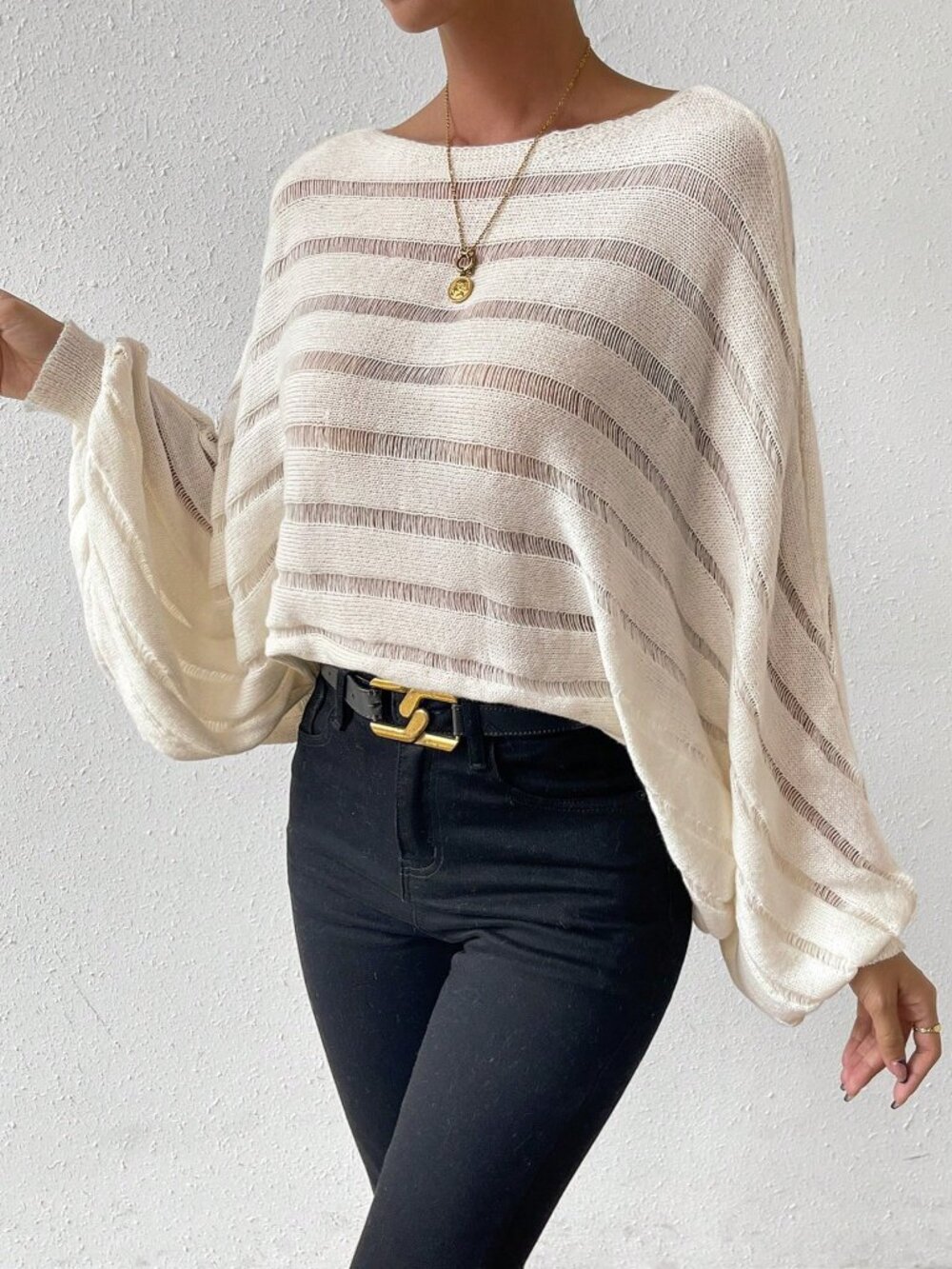 White Casual Women's Hollow-Out Bat Design Classic Knit Sweater